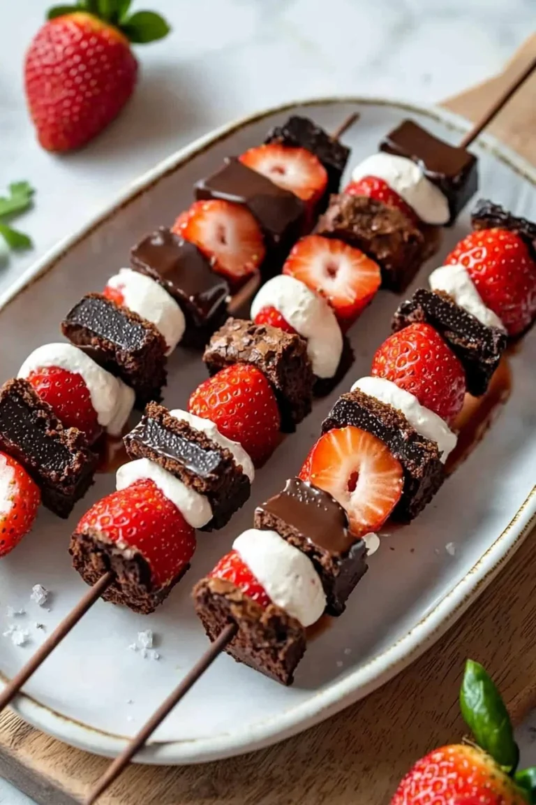 Erdbeer-Brownie-Kabobs mit frischen Erdbeeren und schokoladigen Brownies