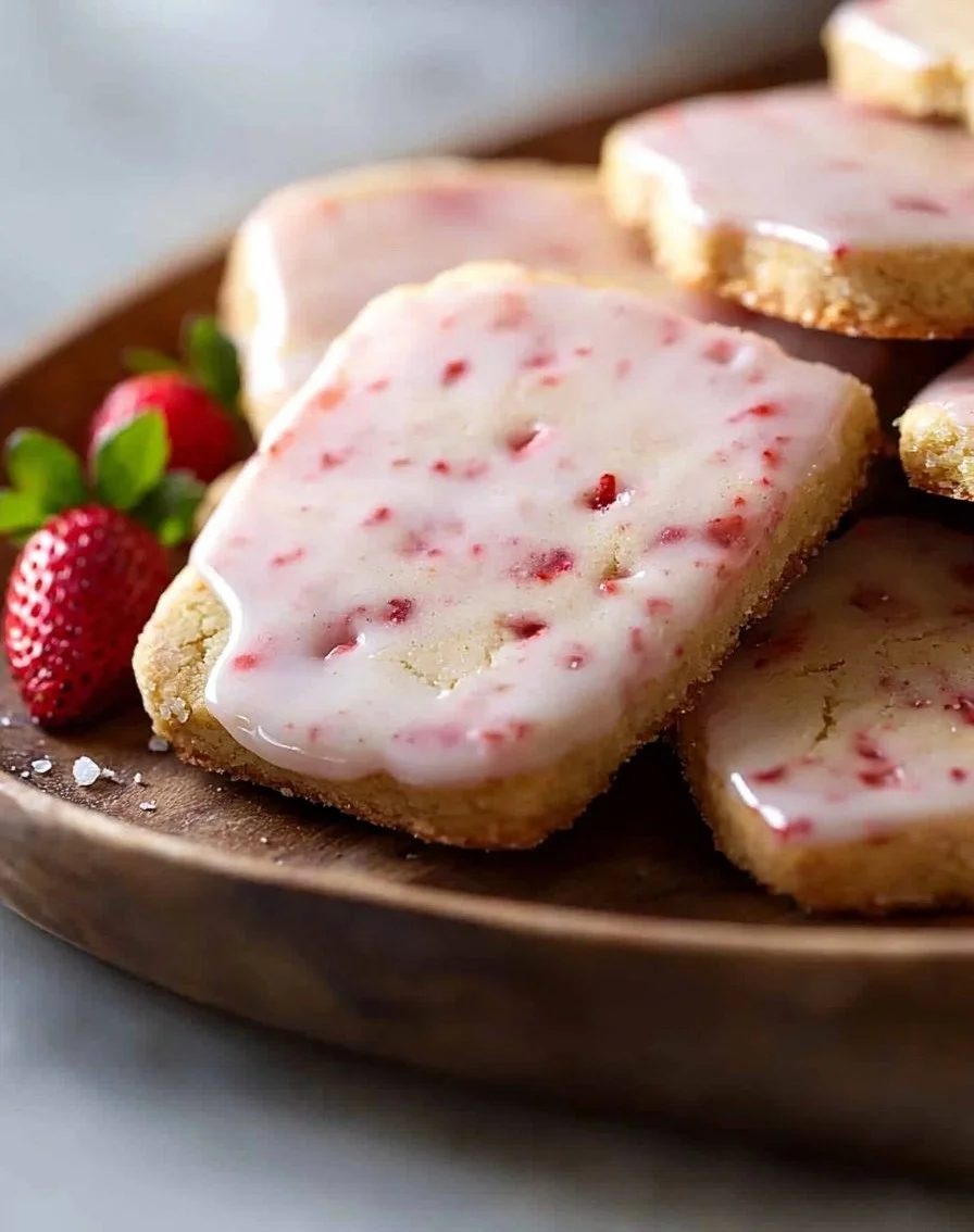 Erdbeer-Shortbread-Kekse mit süßer Glasur auf einem Teller