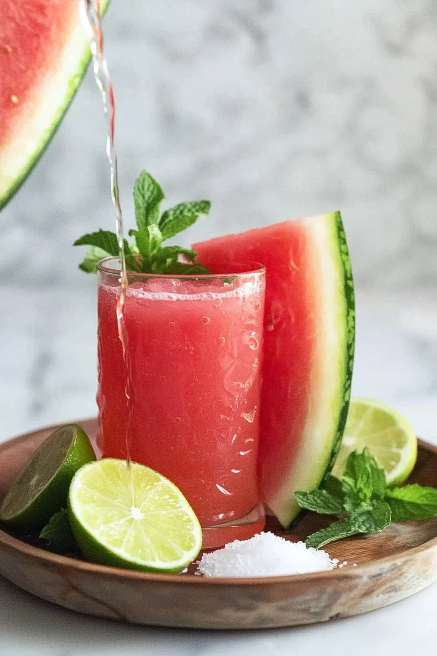 Erfrischender Wassermelonen-Punsch serviert in Gläsern mit Fruchtstücken