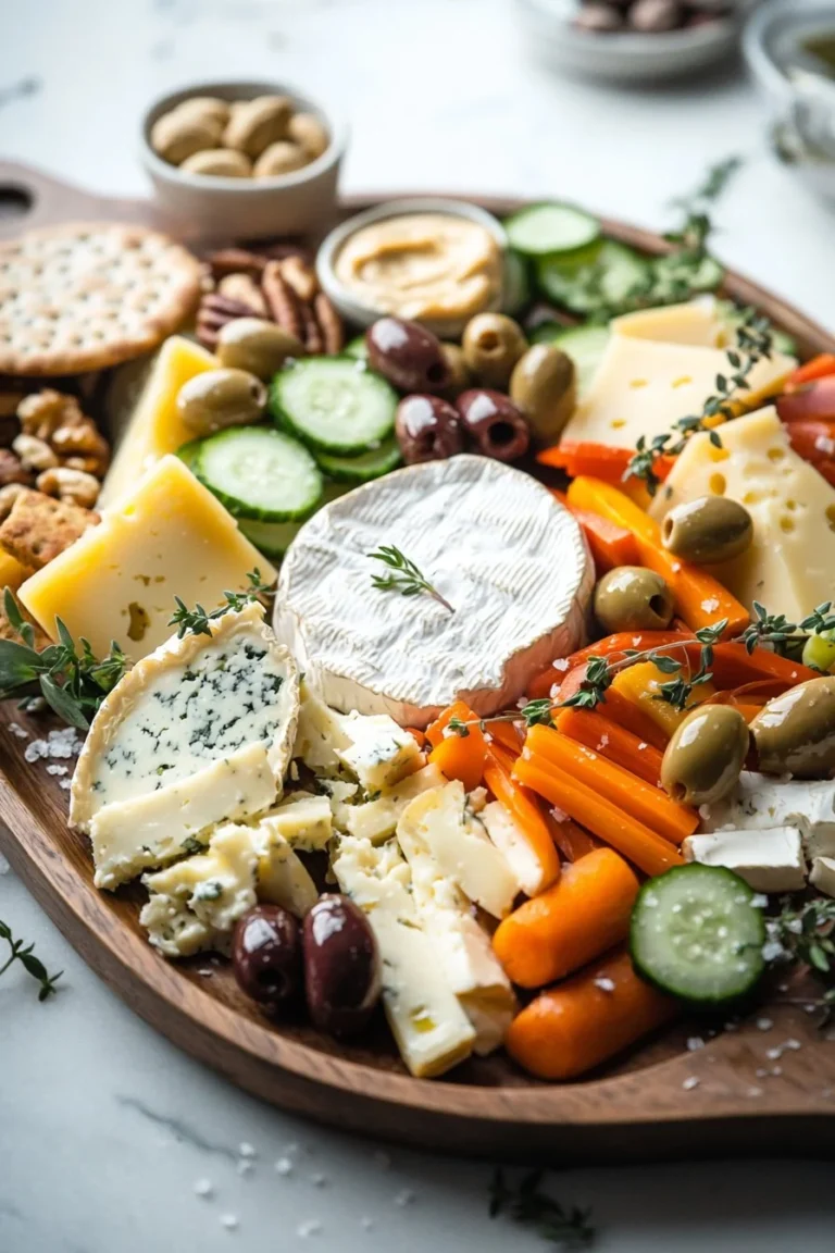 Festliche Käse- und Gemüseplatte mit verschiedenen Käsesorten und frischem Gemüse