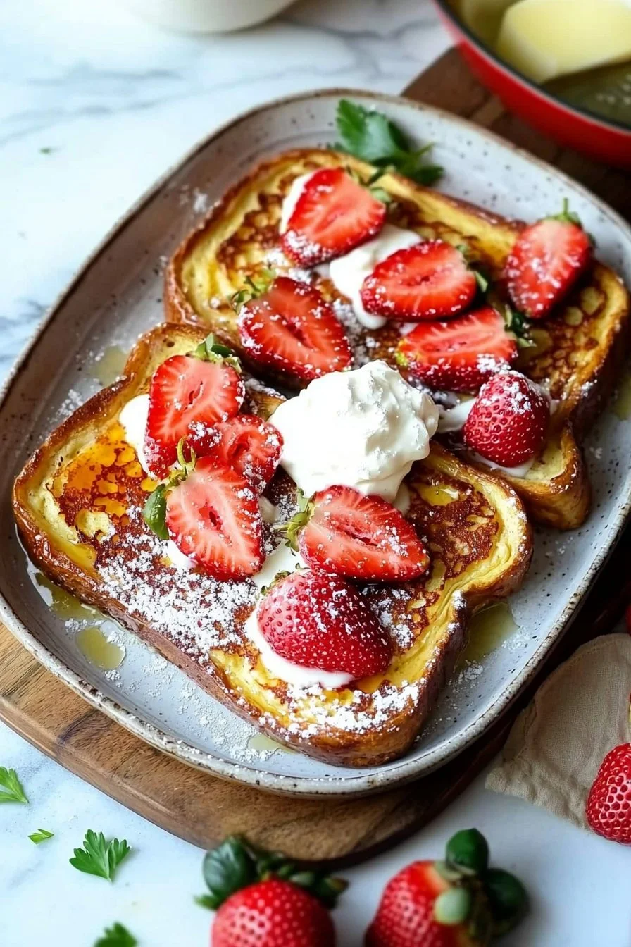 Gebackene Erdbeeren und Sahne Französischer Toast