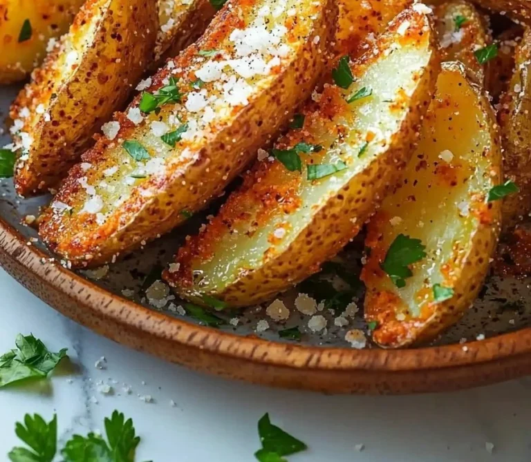 Gebackene Knoblauch-Parmesan-Kartoffelspalten auf einem Teller
