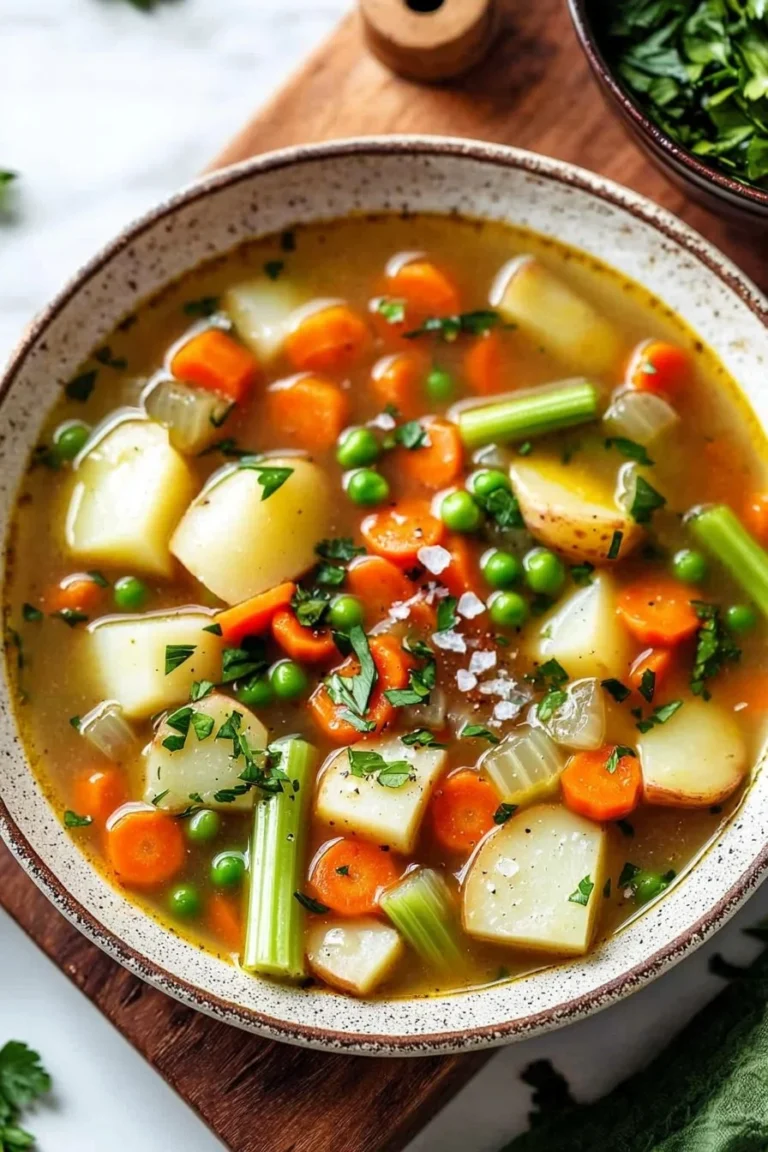 Schüssel mit frischer, bunter Gemüsesuppe nach Rezept