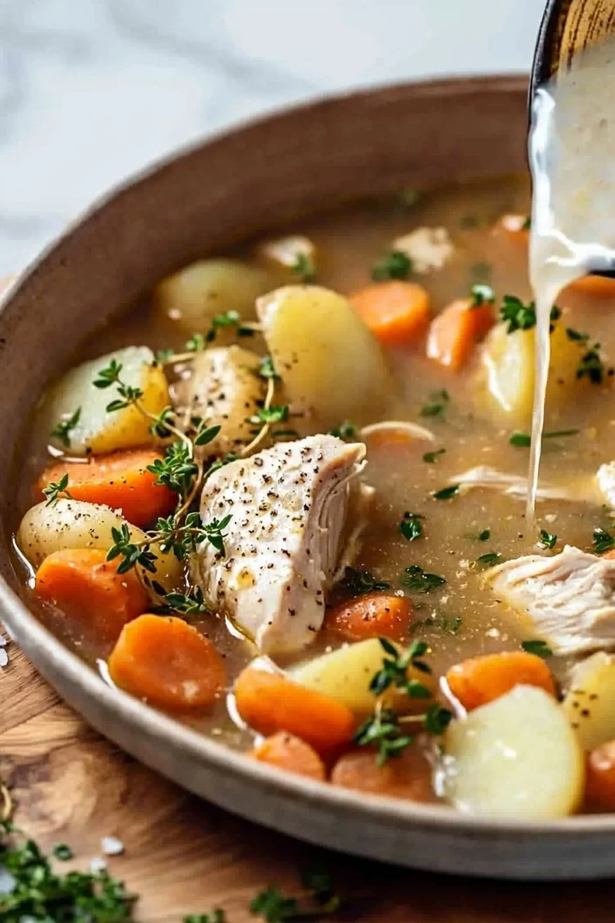 Gemütlicher Slow Cooker Hähnchen-Eintopf mit Weißwein in einer Schüssel serviert