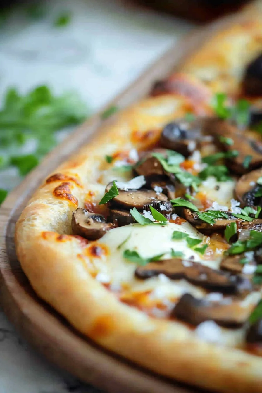 Gerösteter Knoblauch und Pilz Baguette Pizza auf einem Holzbrett