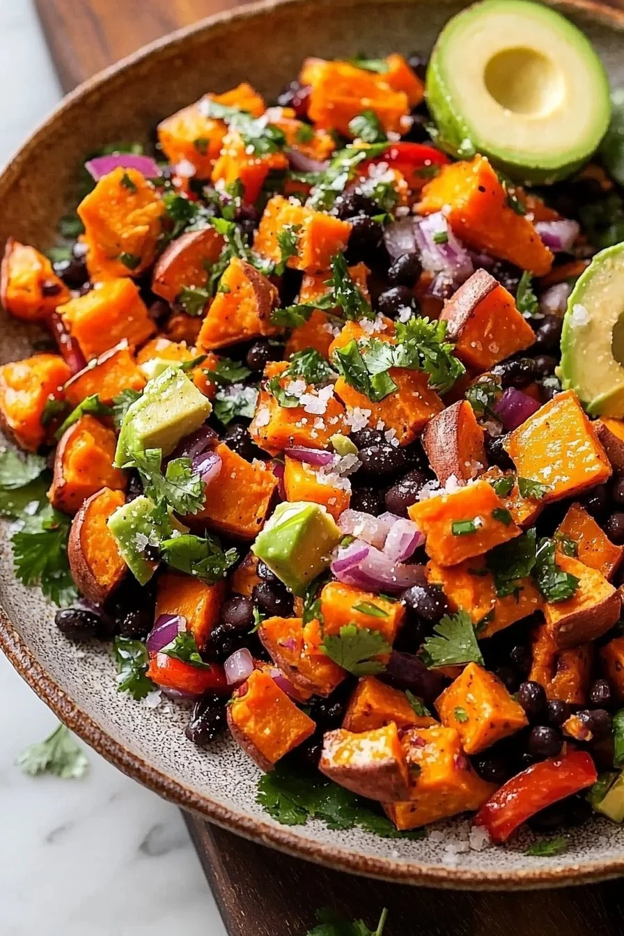 Gerösteter Süßkartoffel-Salat mit schwarzen Bohnen in einer Schüssel