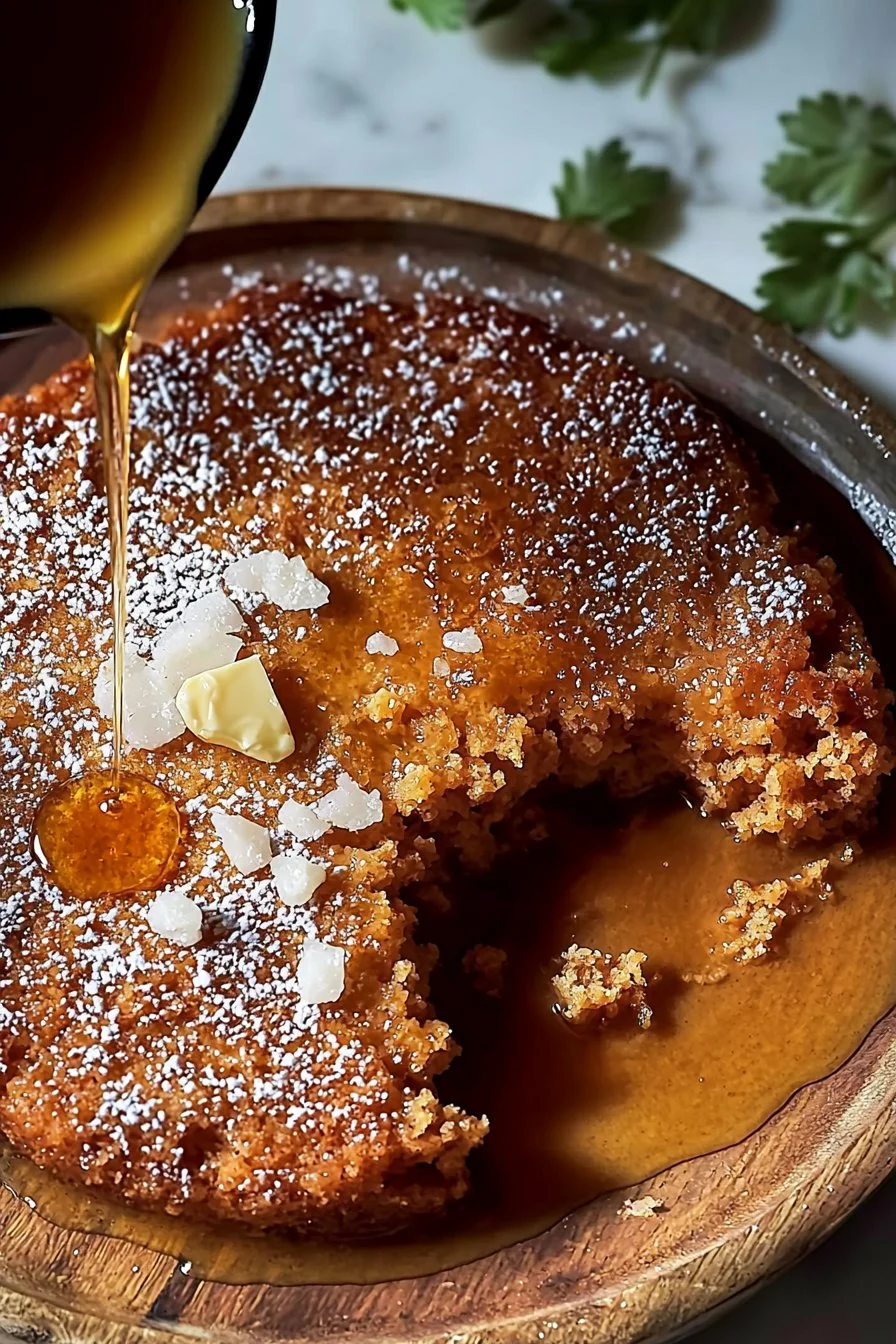 Gesalzener Ahornpuddingkuchen mit einer Prise Salz und Ahornsirup