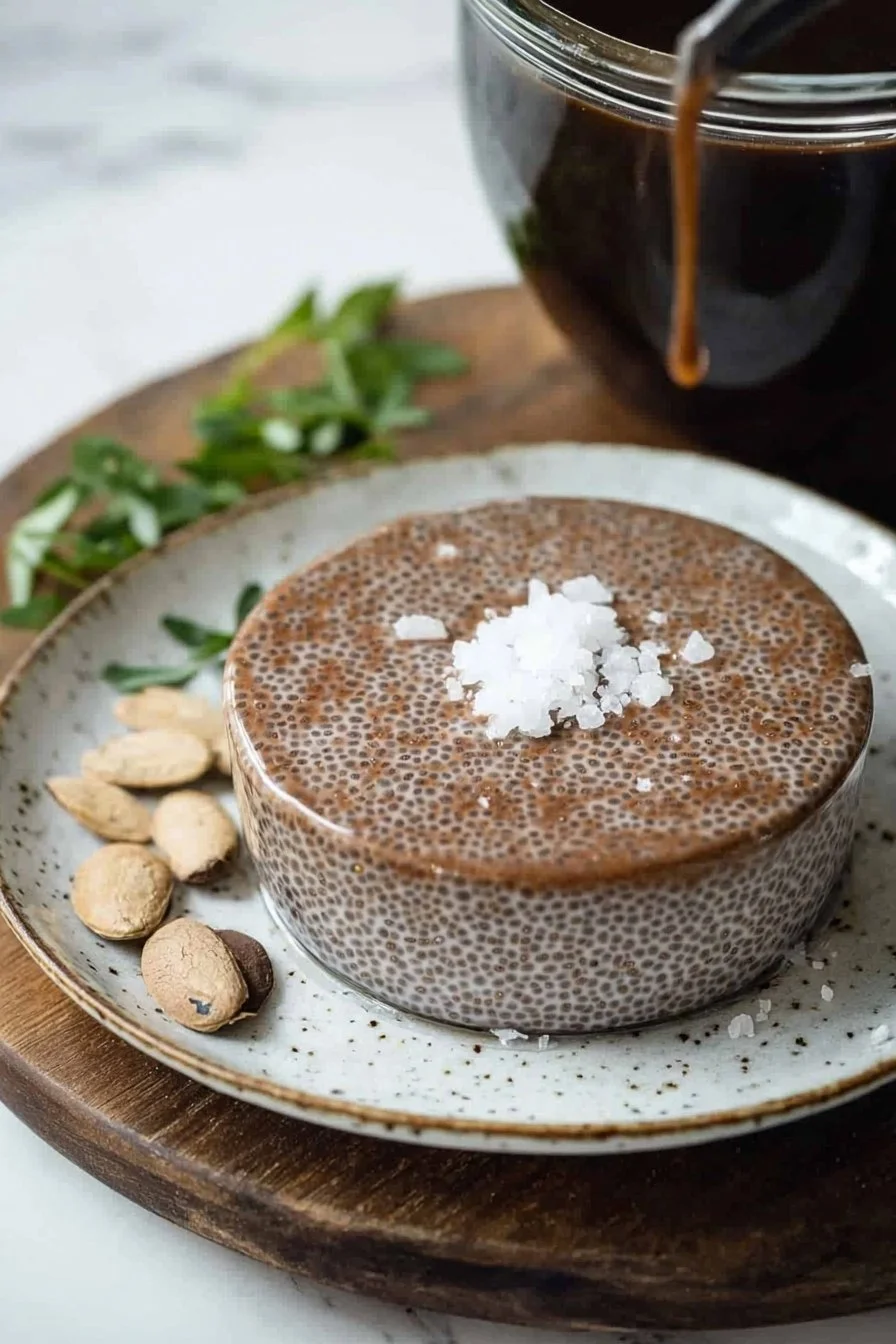 Gesunder Mocha-Chia-Pudding in einer Schale mit Schokolade und Chia-Samen