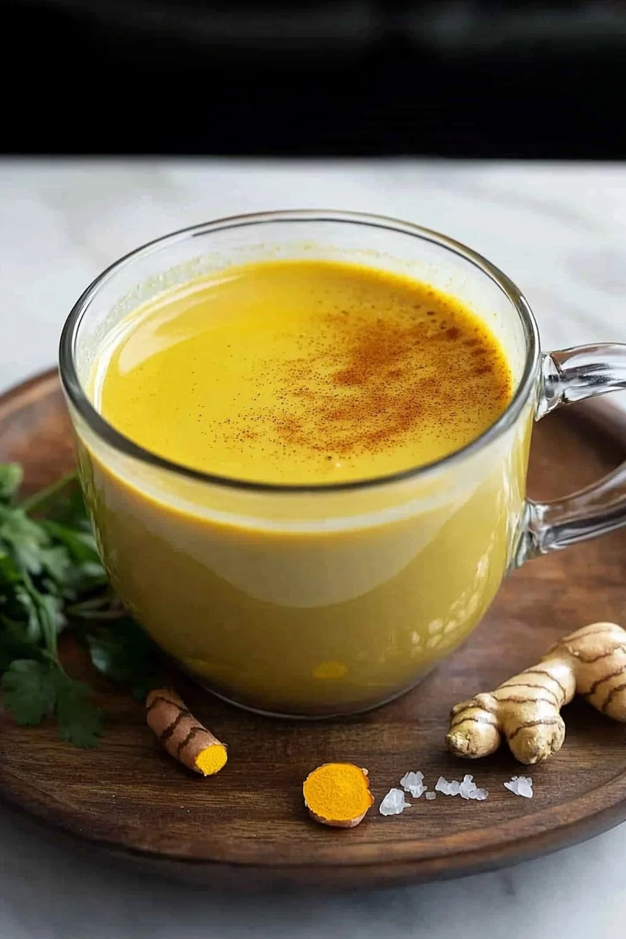 Tasse Goldene Milch mit Kurkuma-Latte und Gewürzen auf einem Holzuntergrund