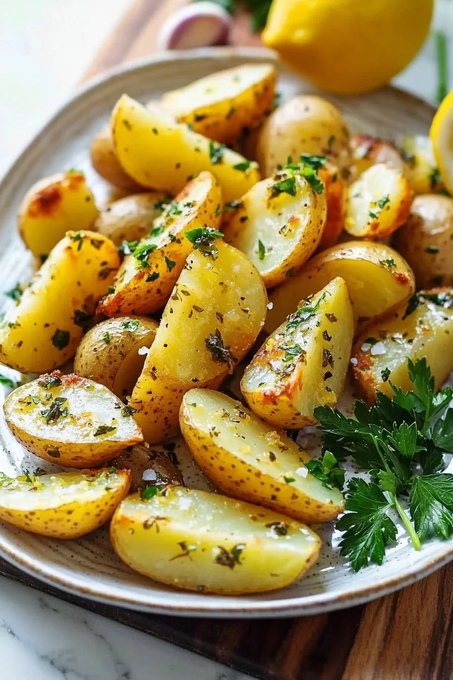 Delicious Greek lemon potatoes garnished for a flavorful side dish