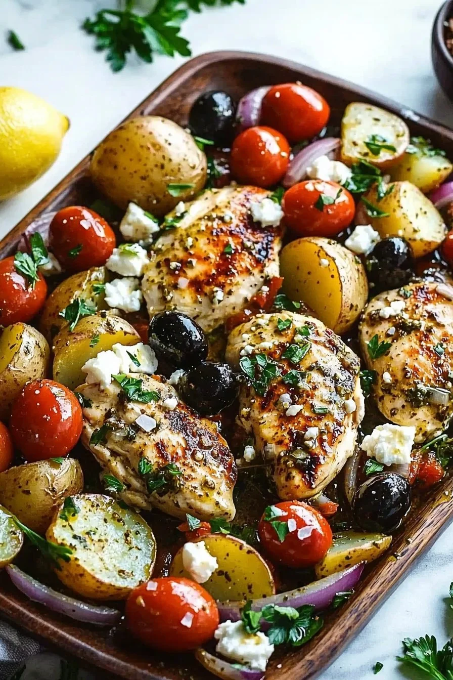 Griechisches Blechgericht mit Hähnchen und frischem Gemüse