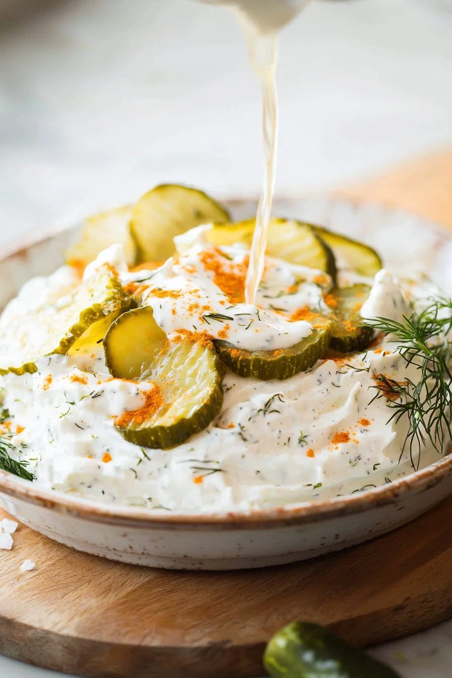 Schale mit Grillos Gurkendip neben frischen Gurken und knusprigem Brot.