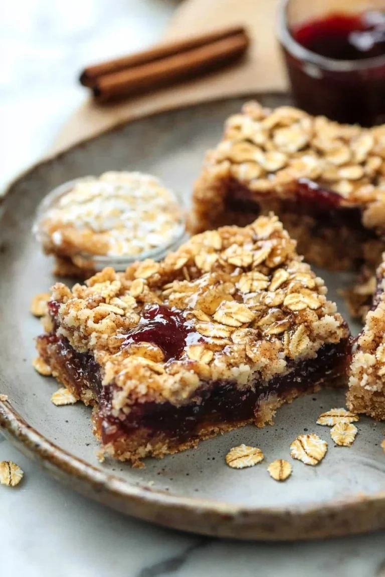 Haferflocken-Marmelade-Riegel auf einem Holzbrett, ideal für gesunde Snacks