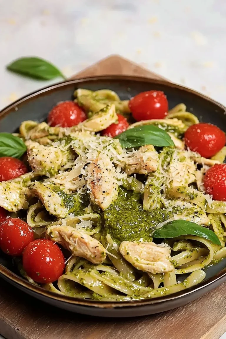 Hähnchen-Pesto-Pasta mit frischem Pesto und zartem Hühnchen auf einem Teller