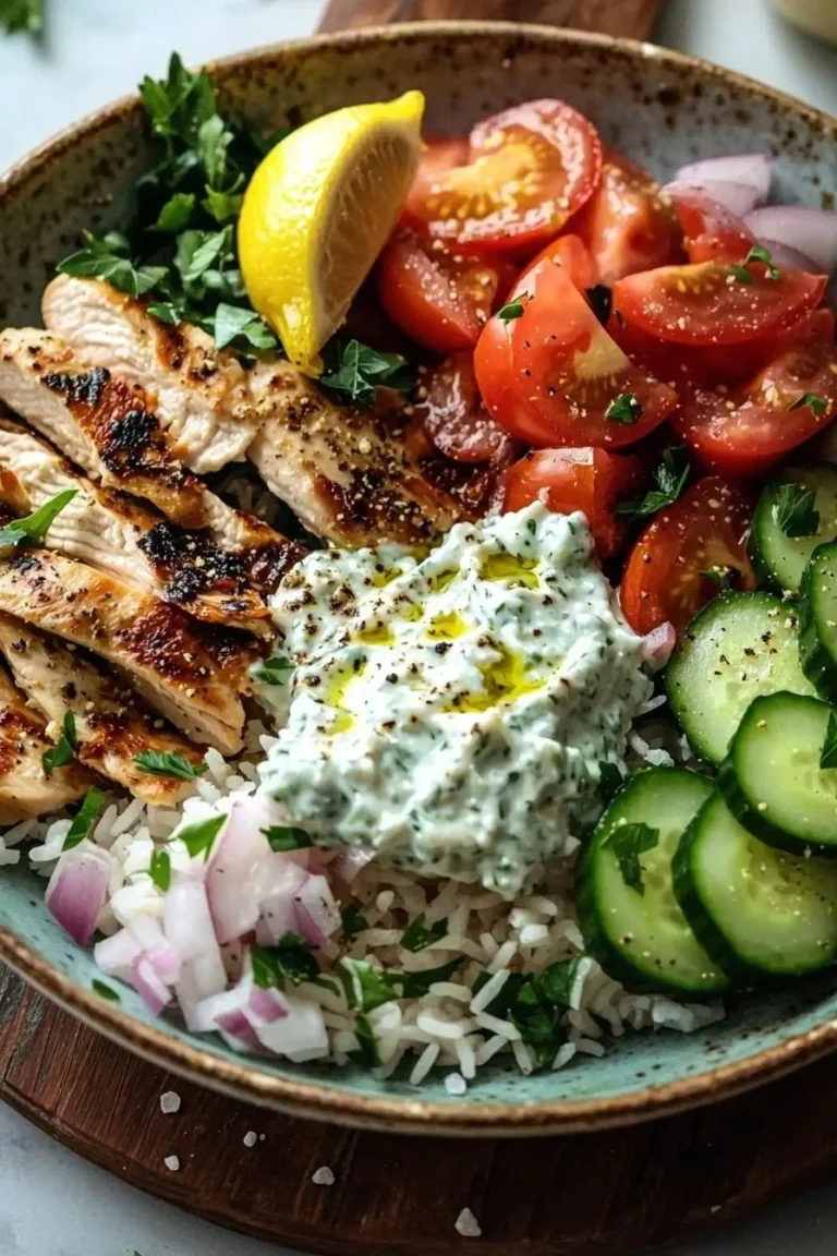 Leckere Hähnchen Tzatziki Schüssel mit frischem Gemüse und Joghurt-Sauce