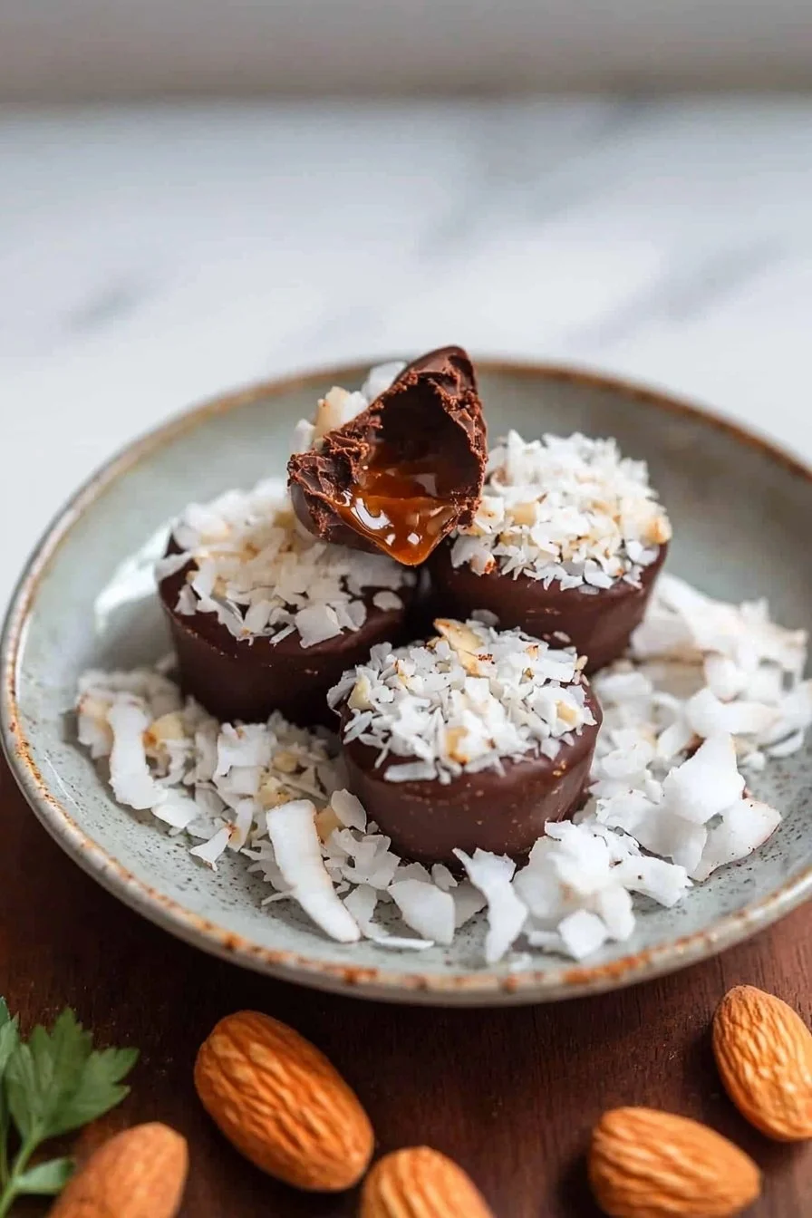 Hausgemachte gesunde Almond Joys mit Kokosnuss und Mandeln