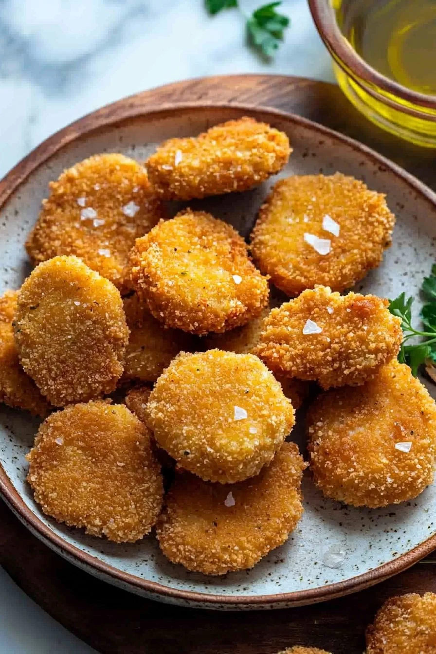 Hausgemachte Hühnernuggets frisch zubereitet auf einem Teller