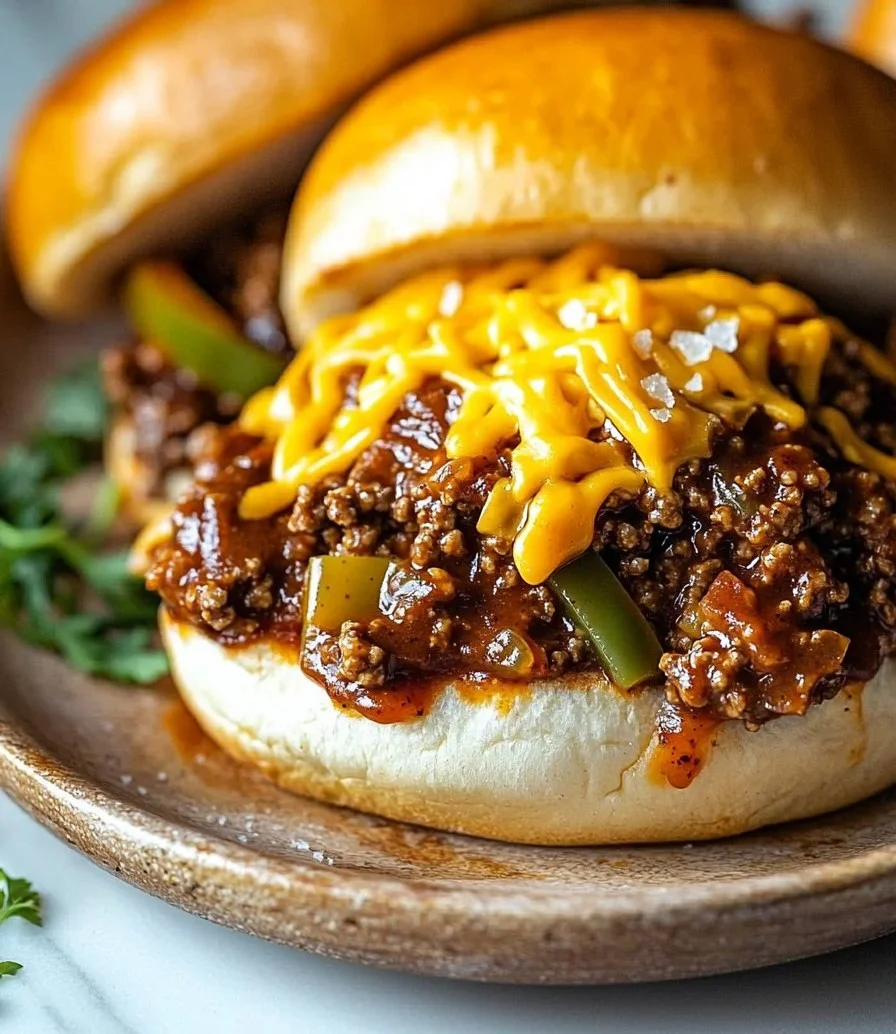 Hausgemachte Käse Philly Sloppy Joes mit geschmolzenem Käse und saftigem Fleisch