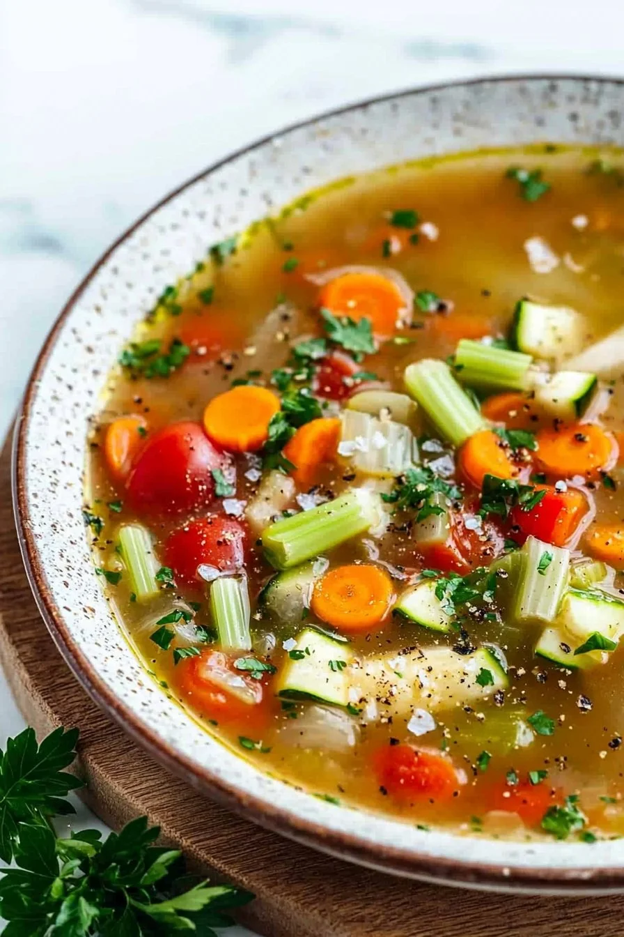 Bowl of healthy detox soup filled with fresh vegetables and herbs