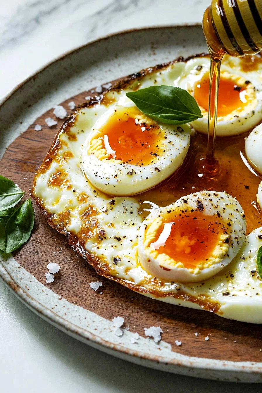 Heisse Honig-Mozzarella-Eier serviert auf einem Teller