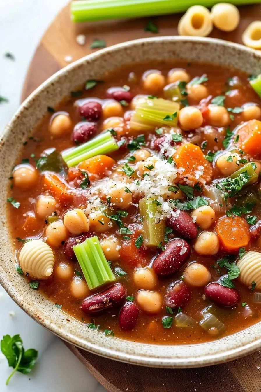 Herzhafter Minestrone aus dem Slow Cooker mit frischem Gemüse und Gewürzen.