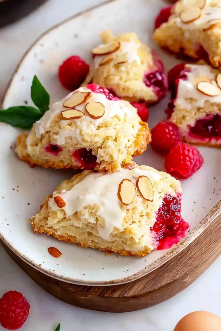 Himbeer-Mandel-Creme-Scones auf einem Teller serviert mit frischen Himbeeren.