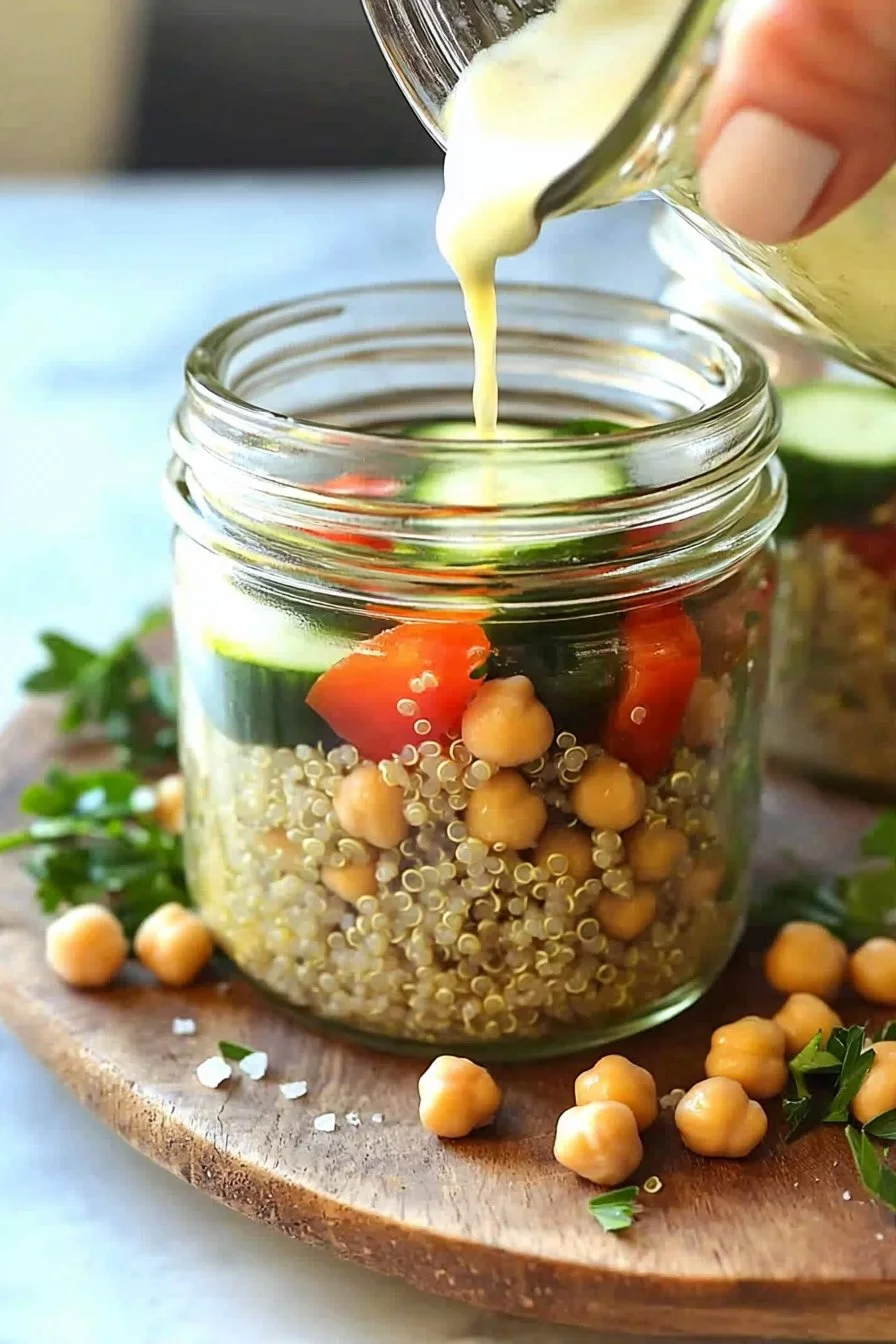Hocharomatischer Kichererbsen-Quinoa-Salat in einem Glas serviert