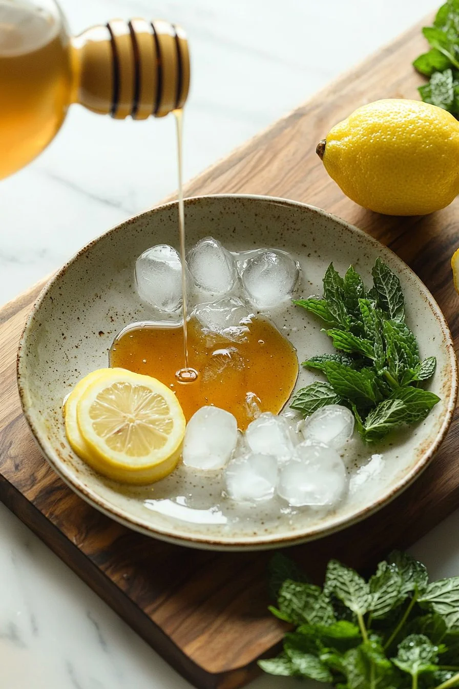 Erfrischender Honig-Zitronen-Mocktail in einem eleganten Glas mit Zitronenscheiben.