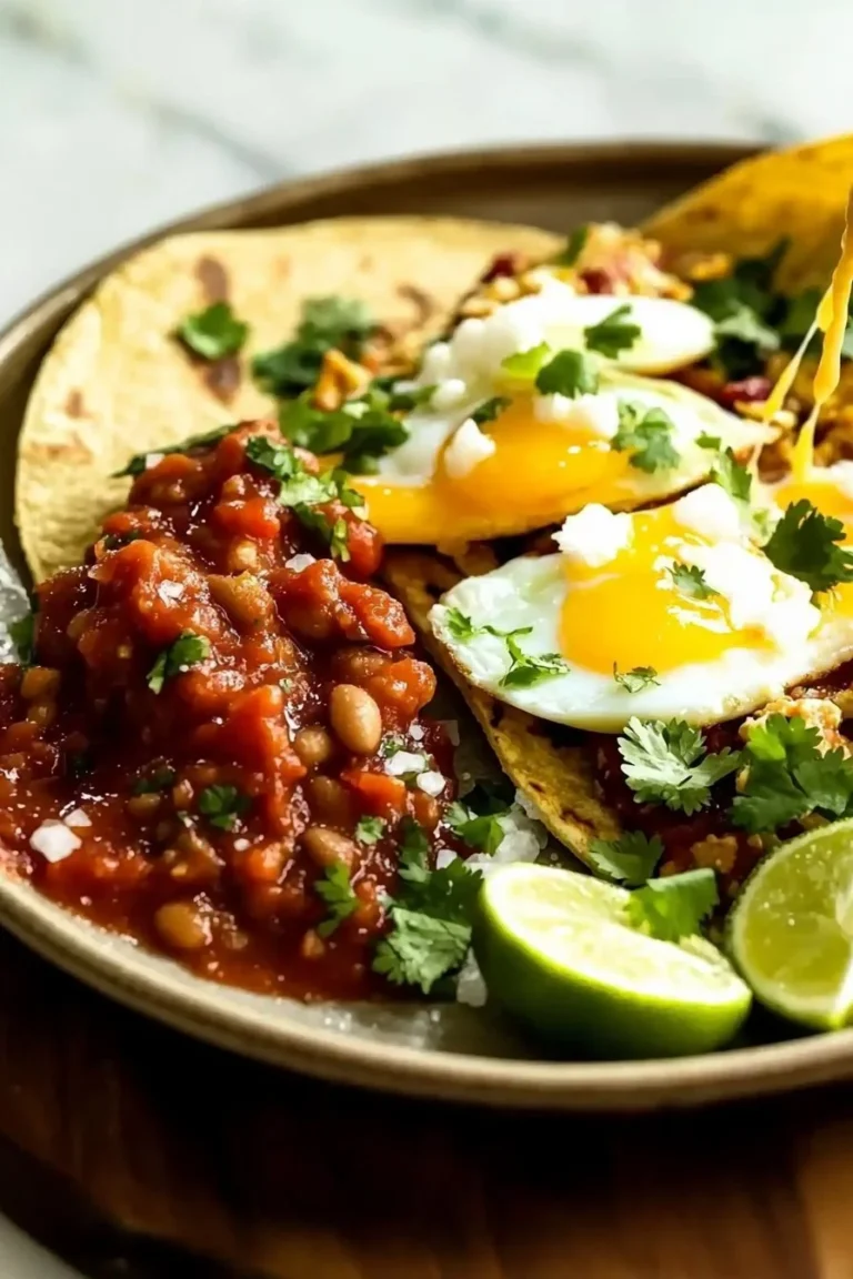 Huevos Rancheros auf einem Teller mit frischen Zutaten