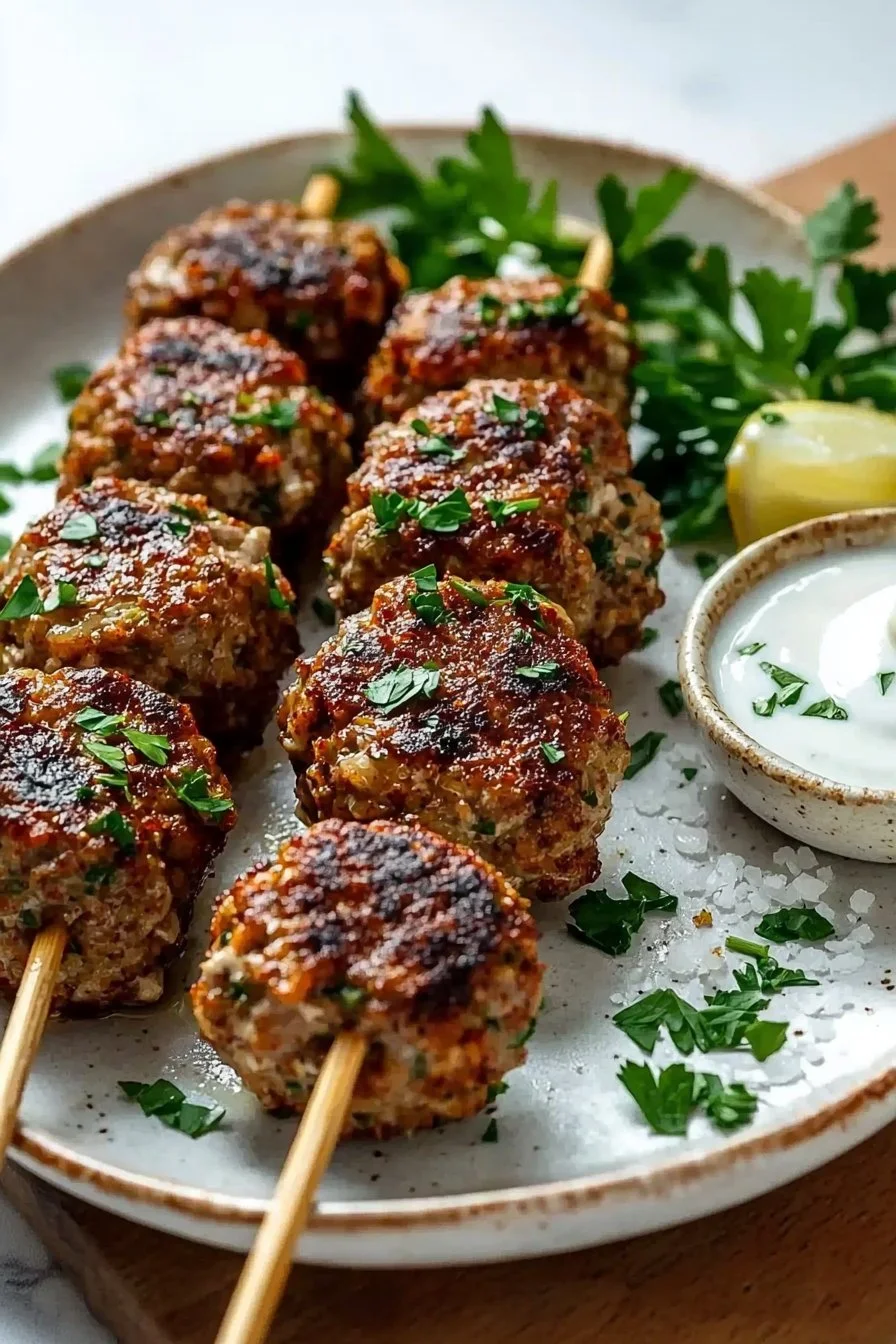 Hühnchen Kofta mit Knoblauch-Joghurt-Sauce auf einem Teller serviert