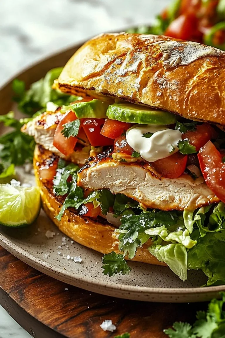 Hühnchen-Torta-Sandwich mit frischem Gemüse und würziger Sauce