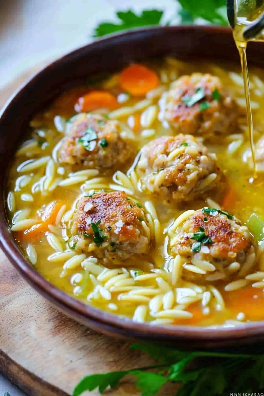 Hühnchenfleischbällchen in einer Schüssel mit Orzo-Suppe