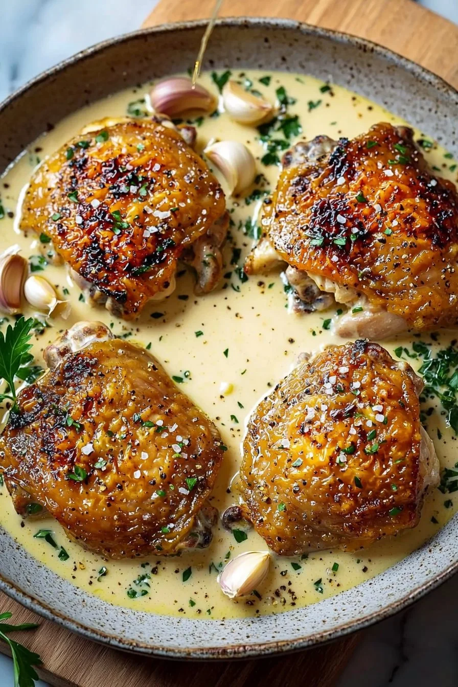 Hühnchenkeulen in cremiger Knoblauchsauce