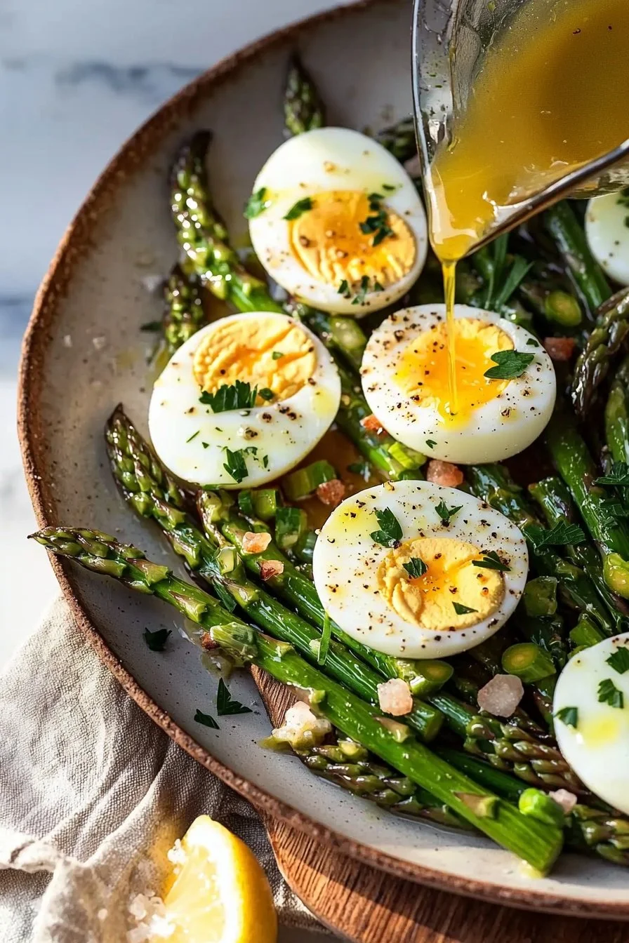 Perfektes Jammy Egg auf einem Bett aus Spargelsalat