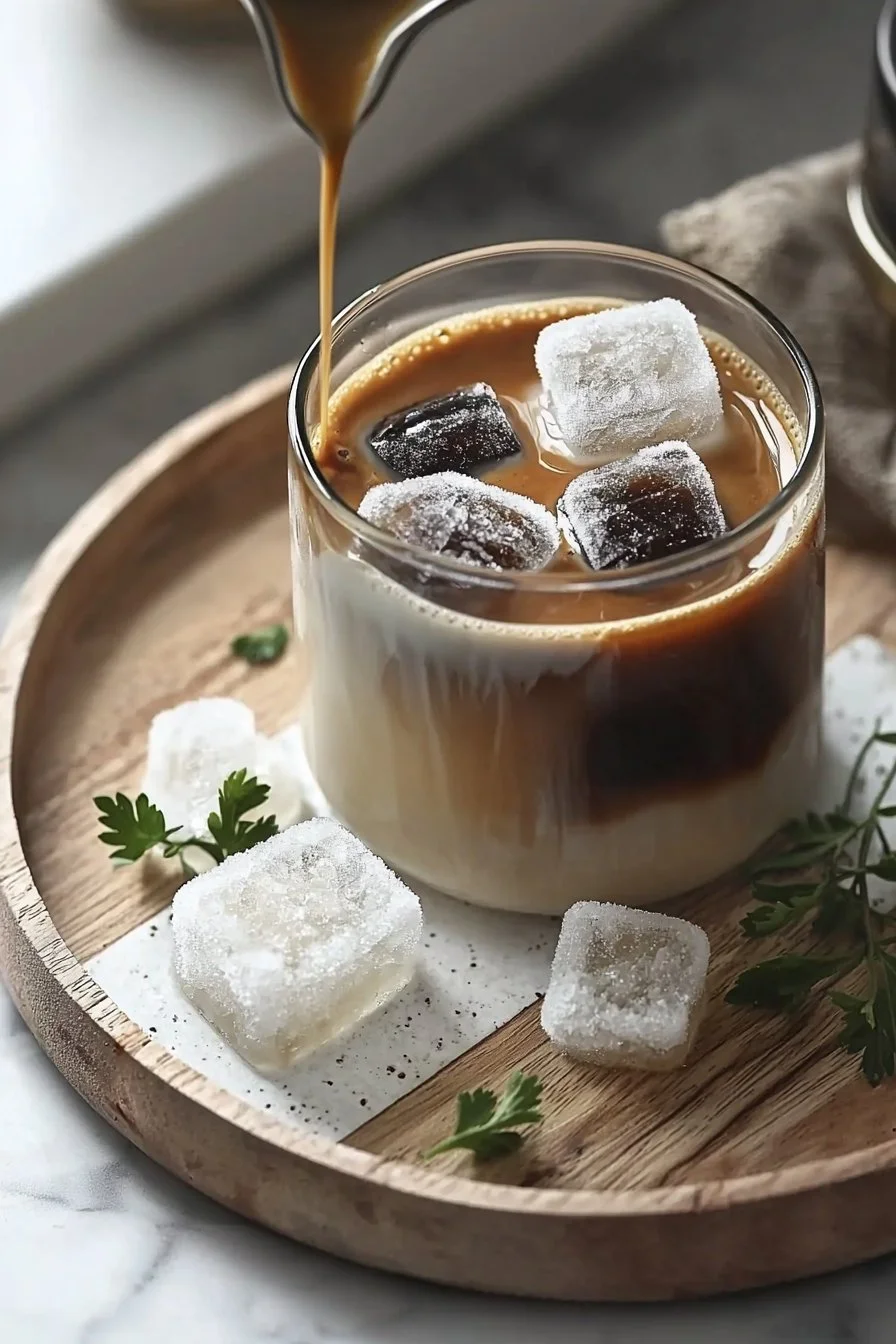 Kalte Kaffee mit gefrorenen Kaffee-Eiswürfeln in einem Glas