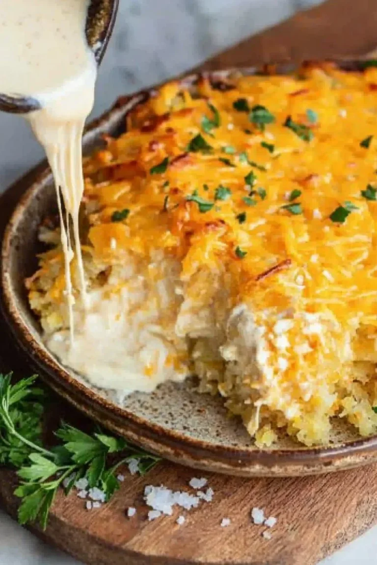 Käse-Hasselback-Kartoffelauflauf auf einem Teller serviert