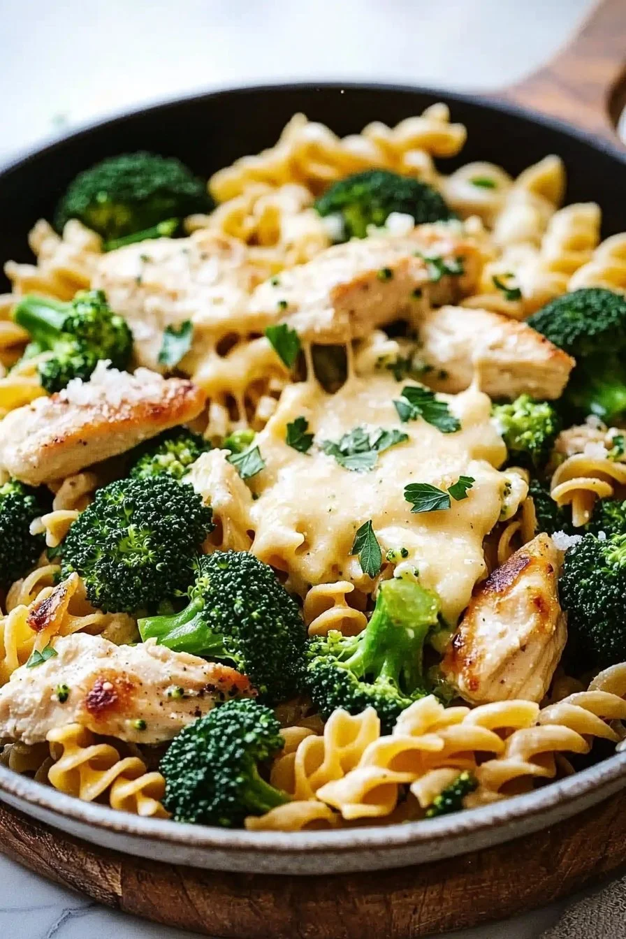 Käse Ranch Hühnchen und Brokkoli Pasta Pfanne auf einem Teller serviert