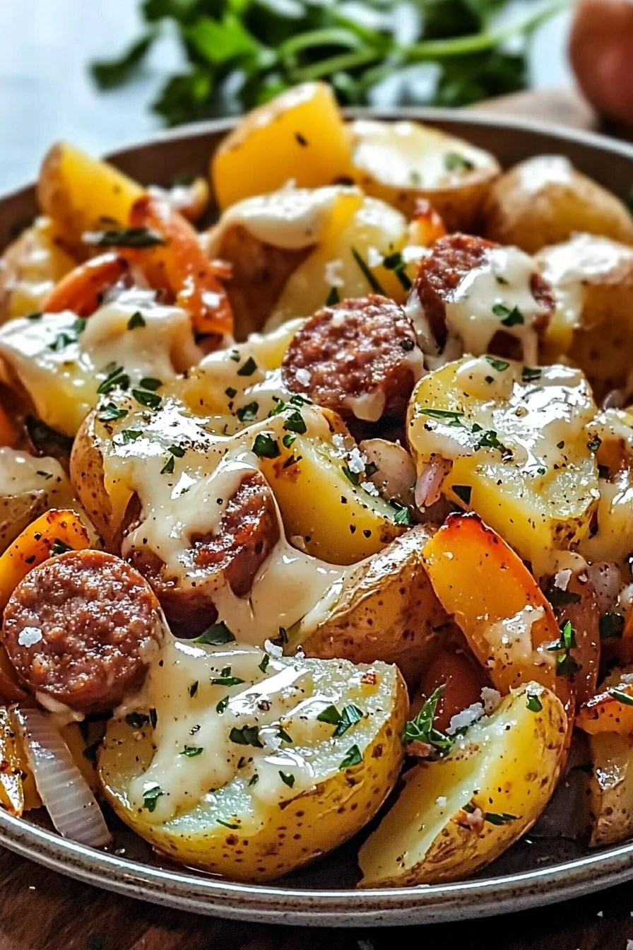 Käse-Ranch-Kartoffel-Pfanne mit geräucherter Wurst auf einem Teller serviert