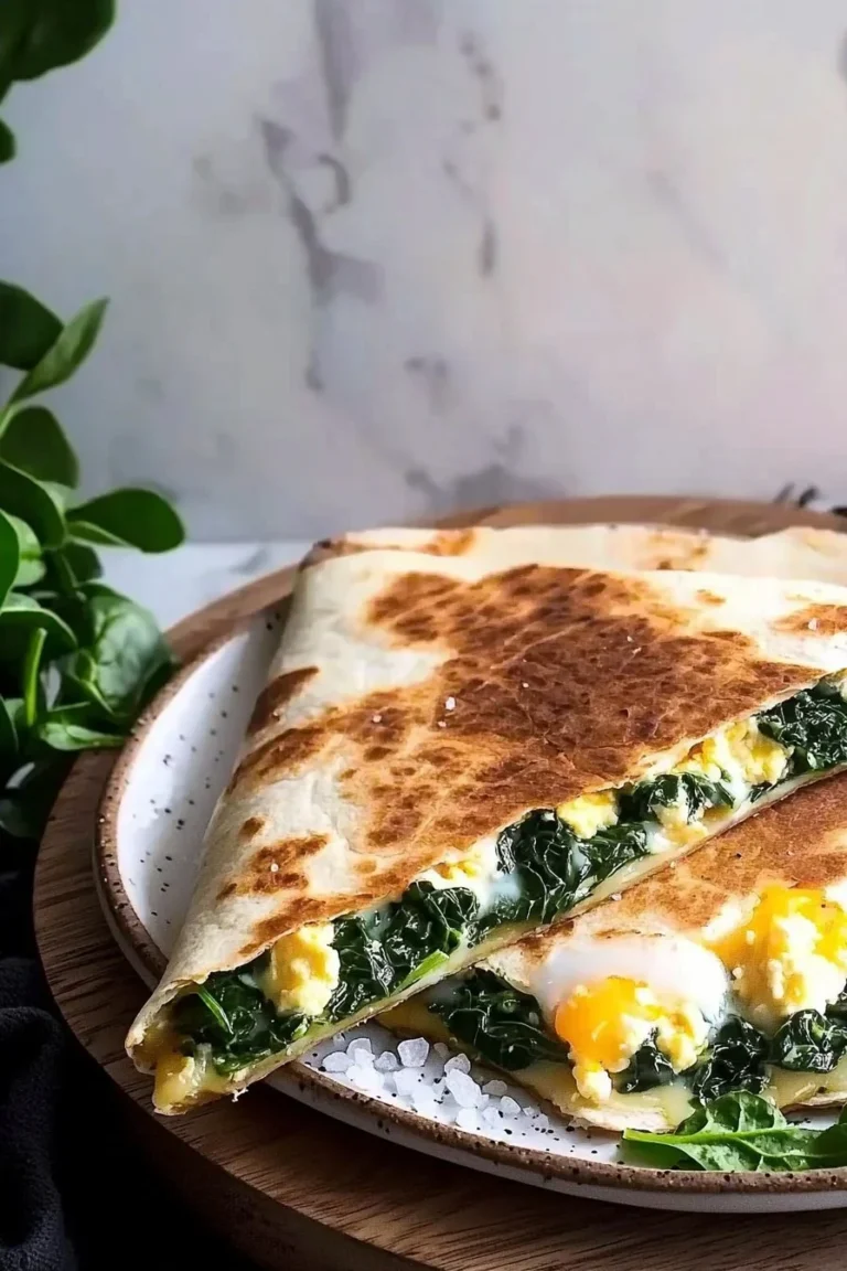 Käsige Spinat- und Eiweiß-Frühstücks-Quesadilla auf einem Teller
