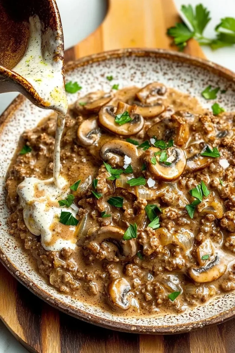 Keto Ground Beef Stroganoff served in a bowl with mushrooms and herbs