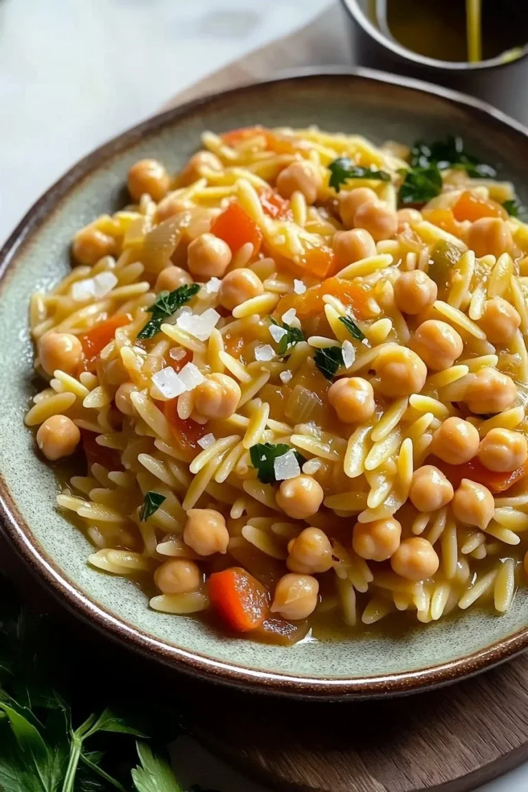 Schüssel mit Kichererbsen-Orzo-Gericht, gesund und lecker zubereitet.