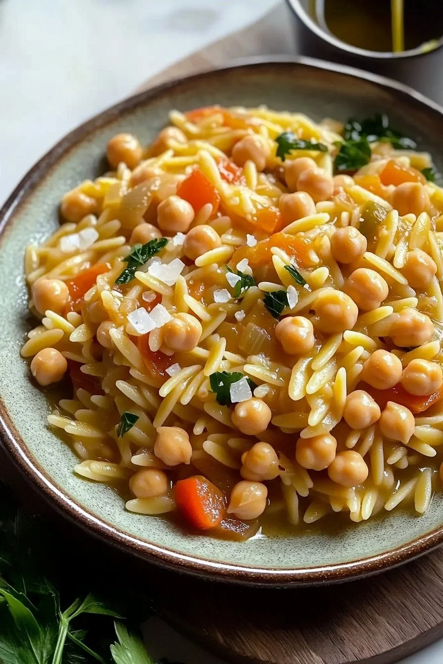 Schüssel mit Kichererbsen-Orzo-Gericht, gesund und lecker zubereitet.