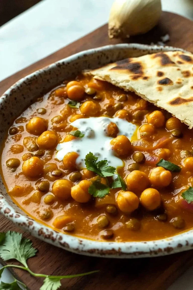 Kichererbsen- und Linsencurry in einer Schüssel, serviert mit frischen Kräutern