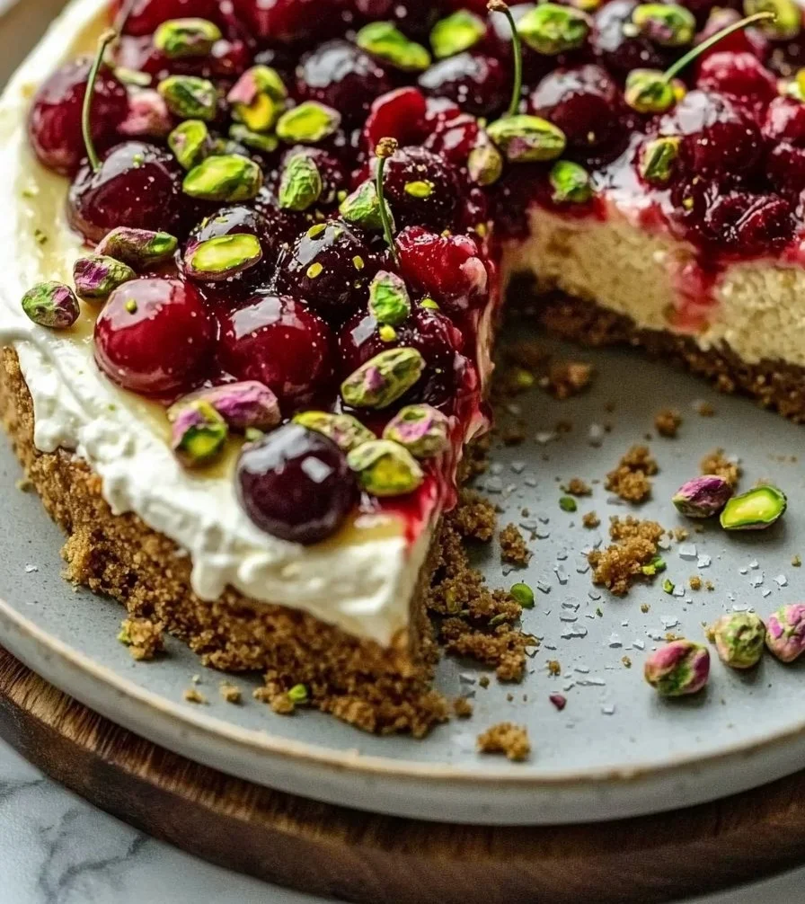 Kirsche Pistazien Käsekuchen mit frischen Kirschen und Pistazien dekoriert