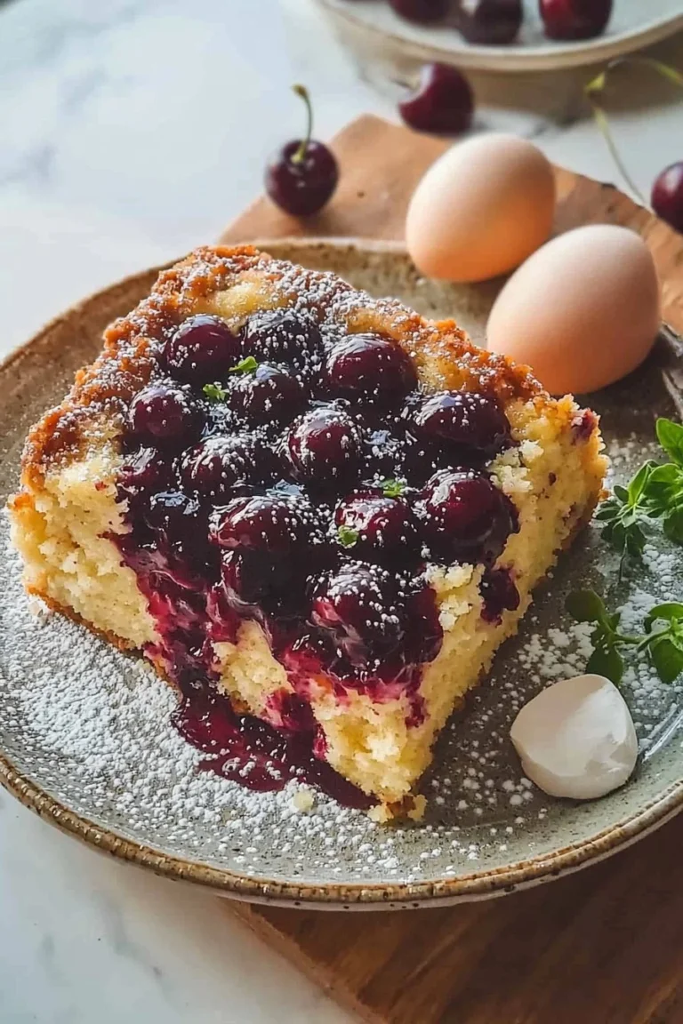 Kirschkuchen mit Pudding, frisch gebacken und dekoriert
