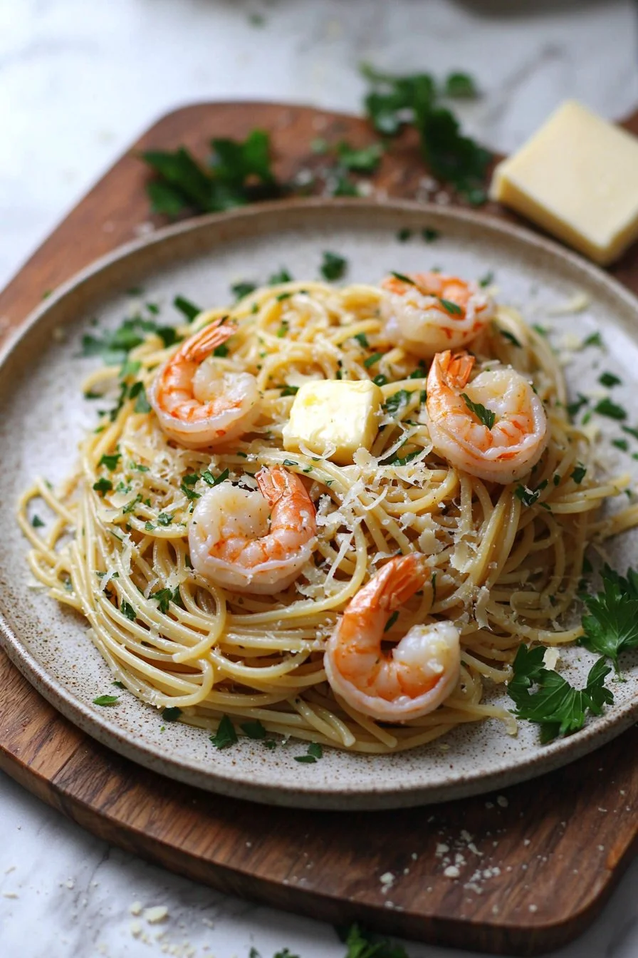 Leckere Knoblauchbutter Garnelen Pasta mit frischen Zutaten