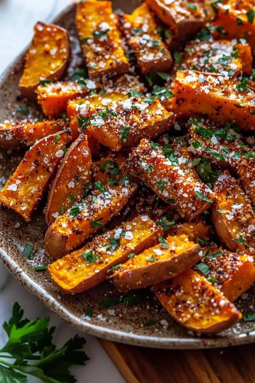 Knusprige Knoblauch-Parmesan-geröstete Süßkartoffeln