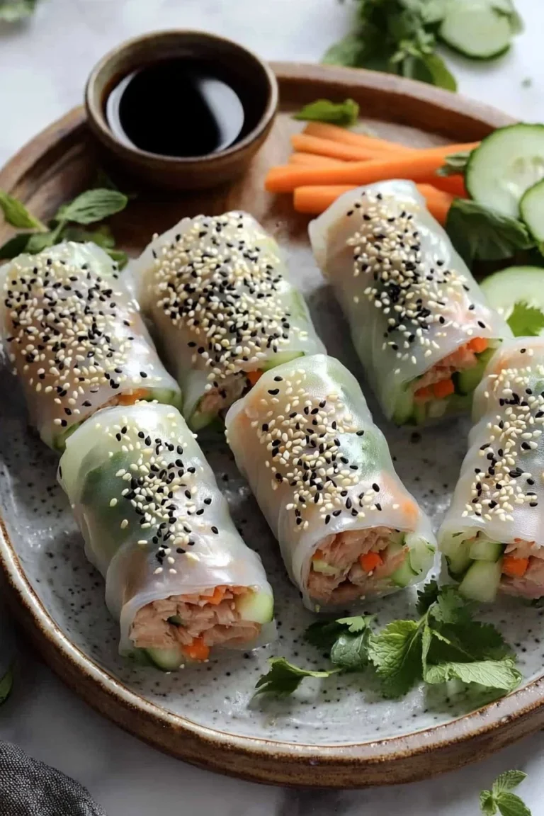 Knusprige Reispapierrollen gefüllt mit scharfen Thunfisch