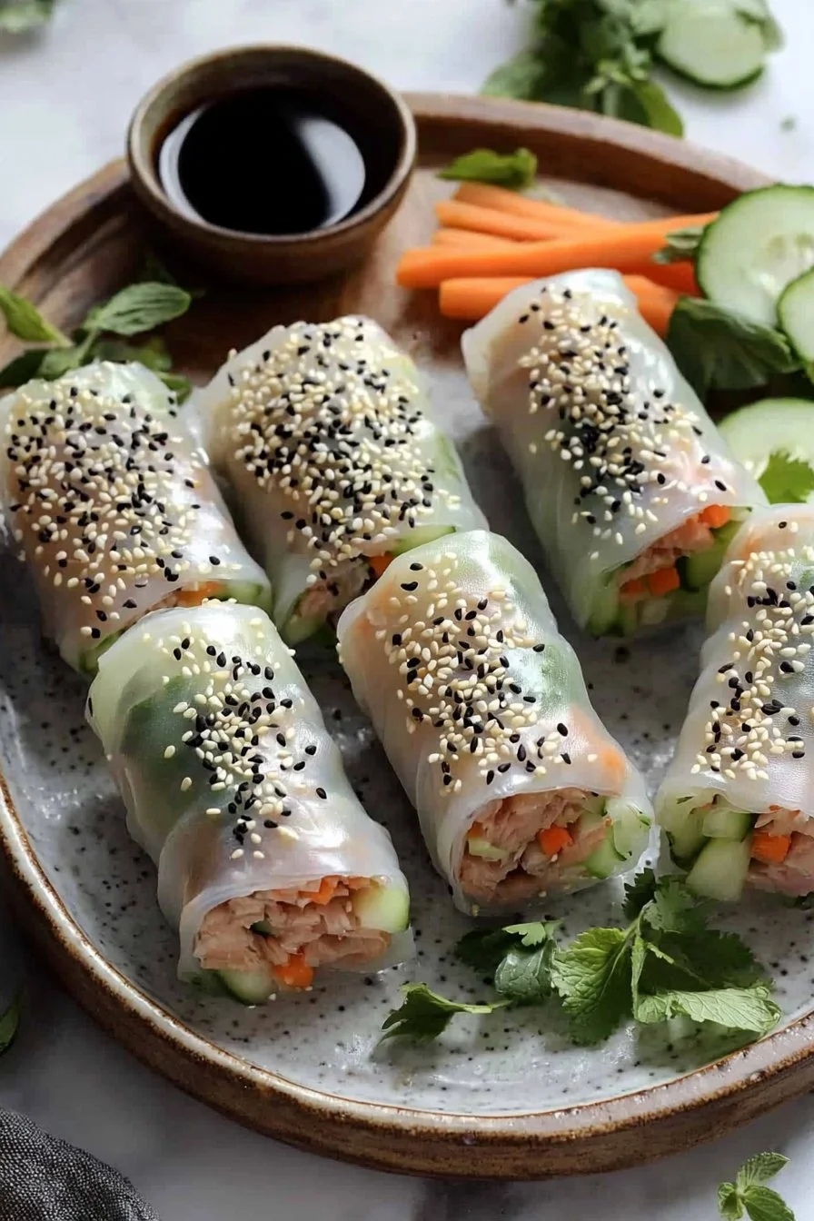 Knusprige Reispapierrollen gefüllt mit scharfen Thunfisch