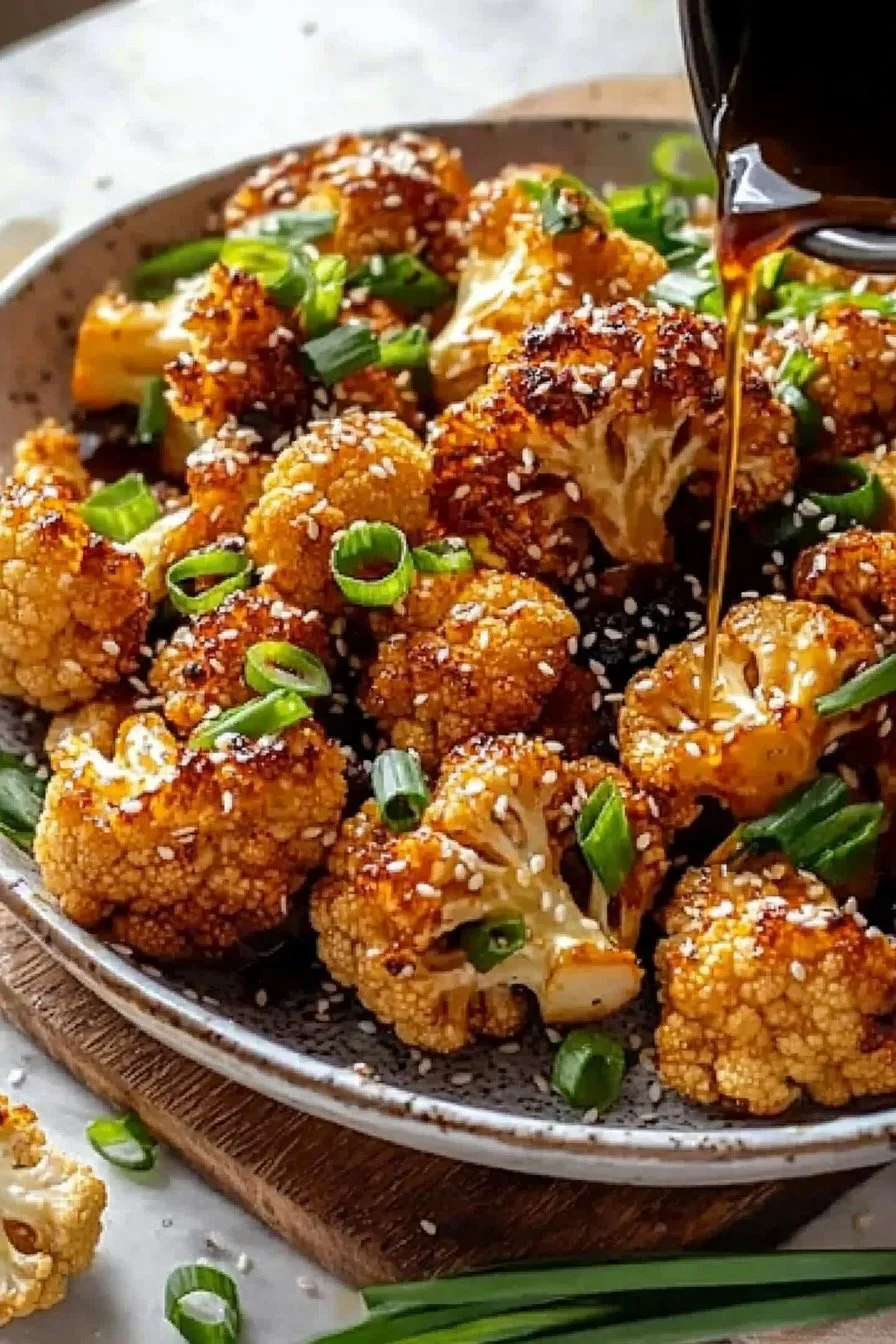 Knuspriger Ofen-Blumenkohl asiatisch auf einem Teller, bereit zum Servieren.